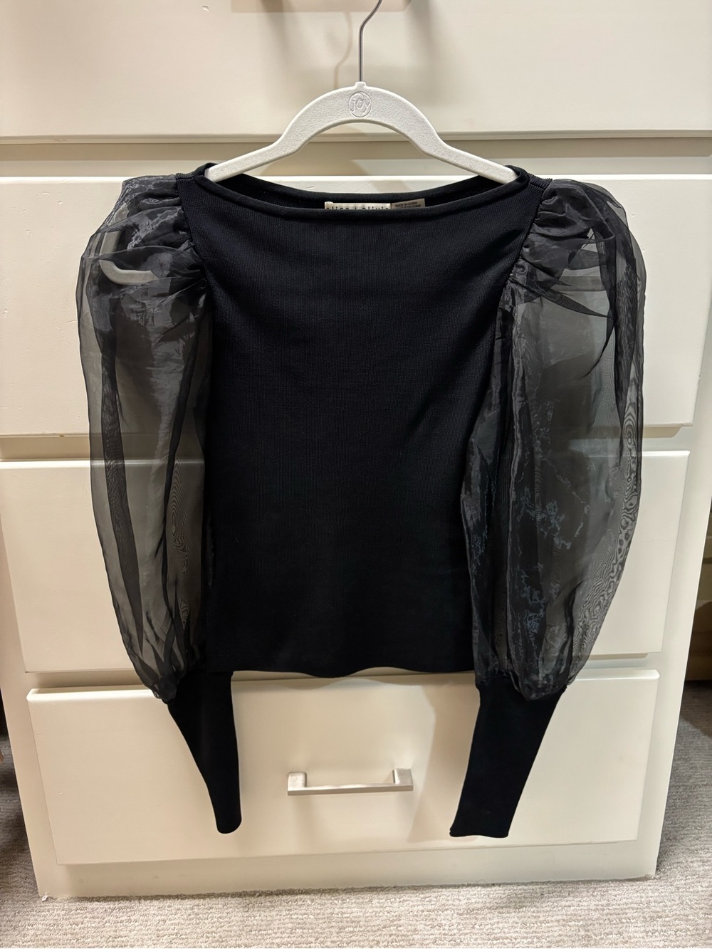 Alice + Olivia Black Puff-Sleeve Organza Sweatshirt